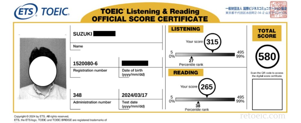 TOEIC Listening＆Reading　公式スコア証明書